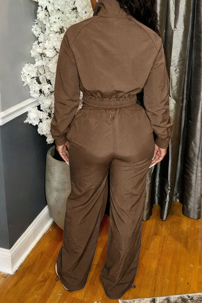 Zip-Front Piped Top & Wide-Leg Pants Set Lavish Daily