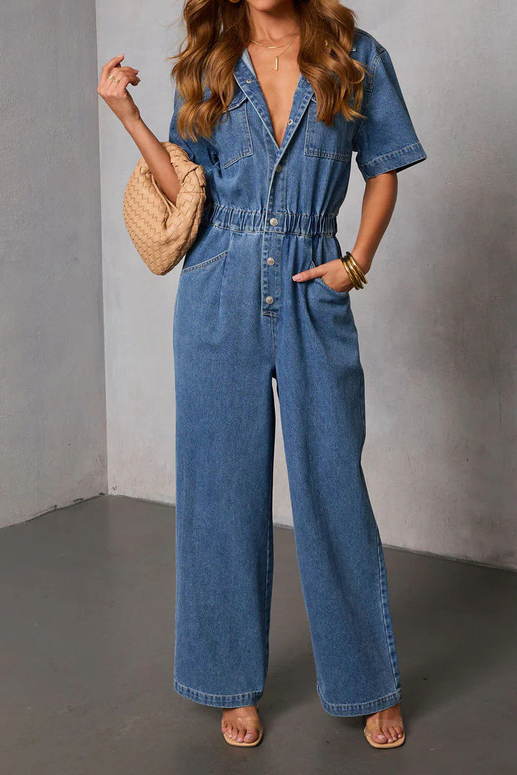 Elastic Waist Denim Jumpsuit Short Sleeve Wide Leg Lavish Daily