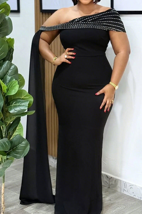 Rhinestone Cape One Shoulder Maxi Dress Lavish Daily