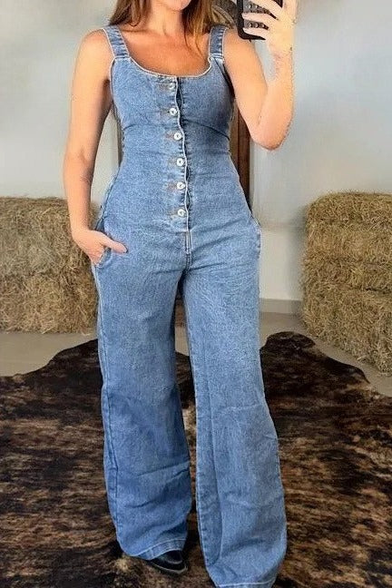 Button-Front Wide Leg Denim Jumpsuit Lavish Daily
