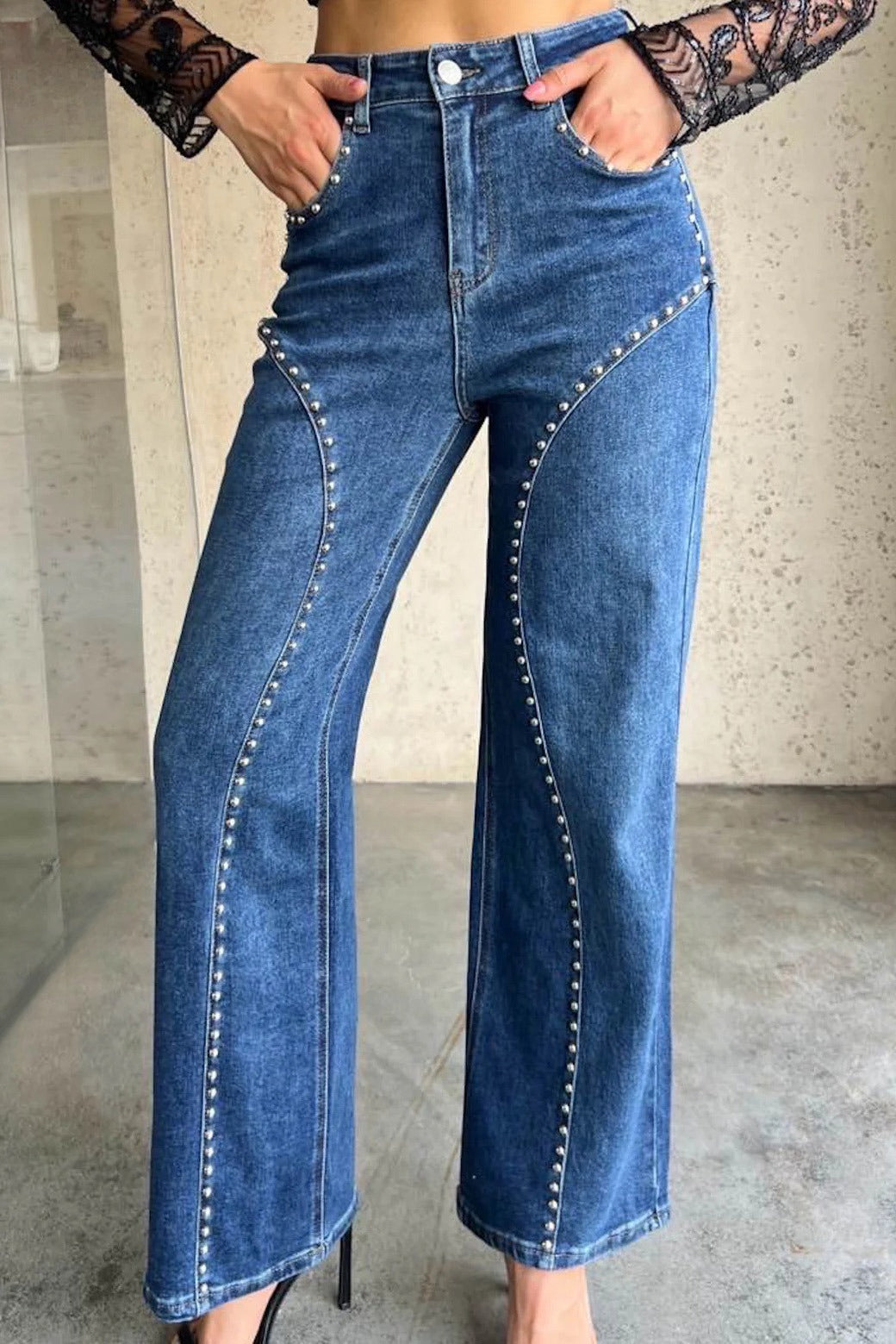 Studded Curved Seam High Waist Wide Leg Jeans Lavish Daily