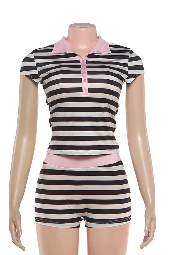 Striped Polo Collar Top & Short Set Lavish Daily