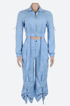 Long Sleeve Crop Jacket Pocket Cargo Pants Set Lavish Daily