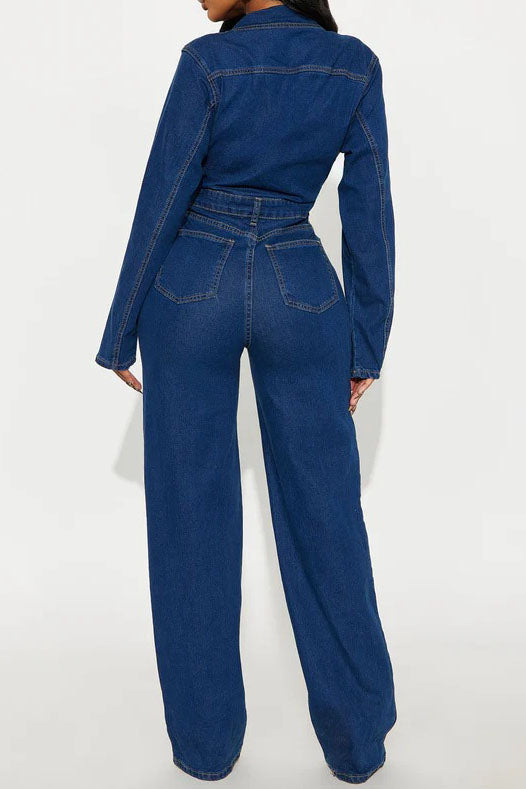 Stretch Flare Leg Long Sleeve Denim Jumpsuit Lavish Daily