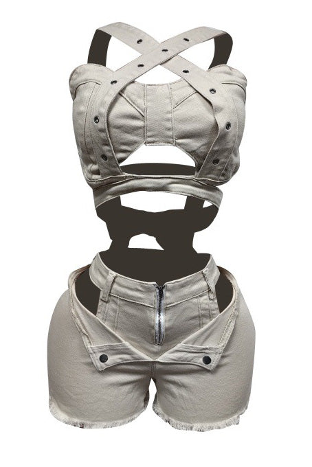 Denim Top & Cut Out Shorts Set Lavish Daily