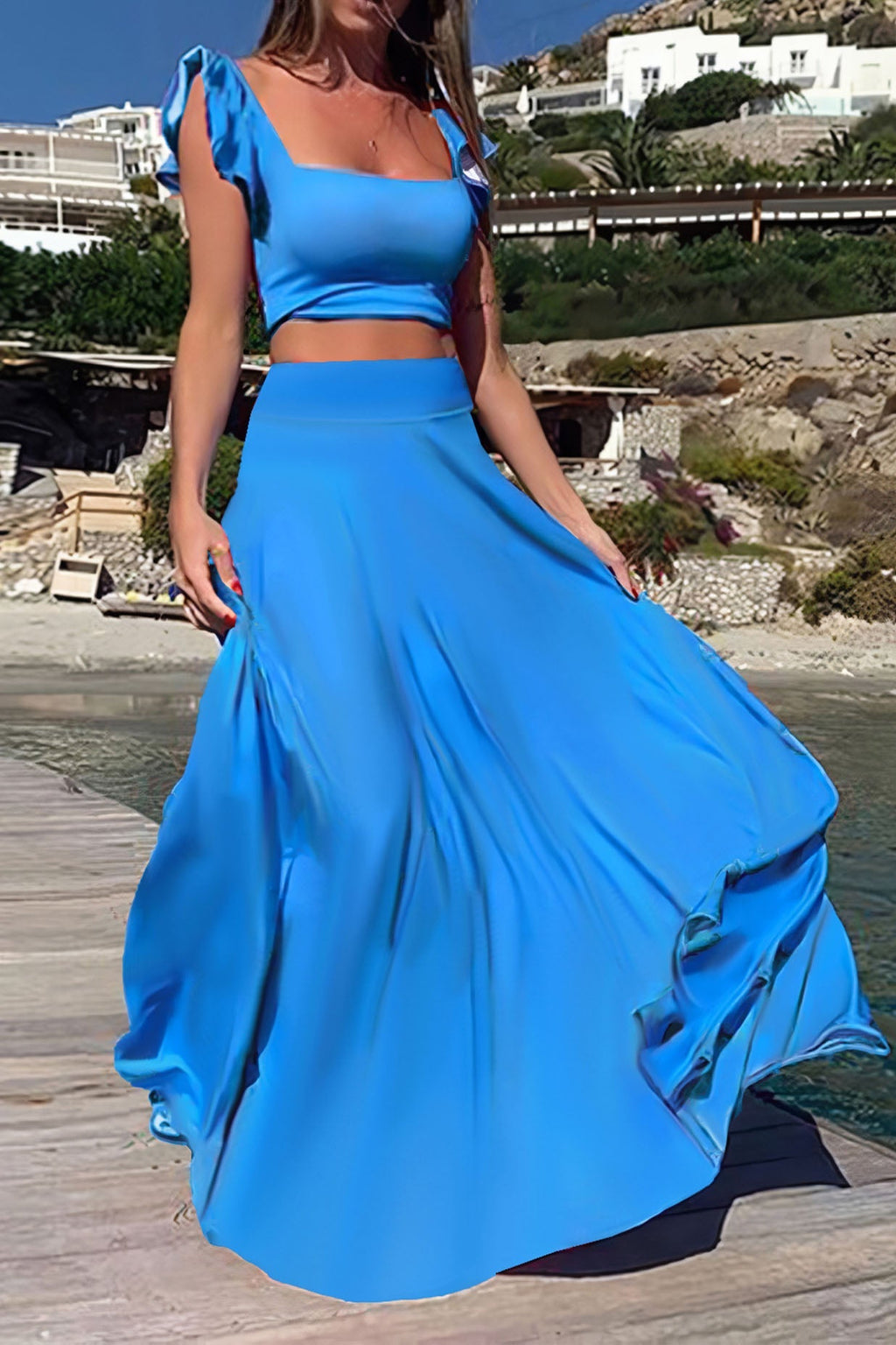 Elastic Solid Color Long Dress Two-Piece Set Lavish Daily