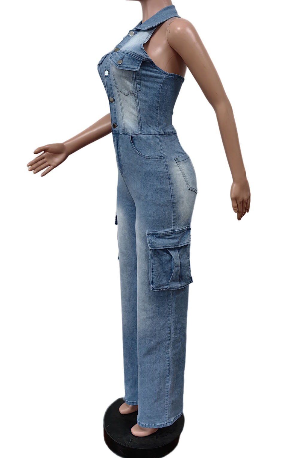 Multi Pocket Denim Halter Backless Jumpsuits Lavish Daily