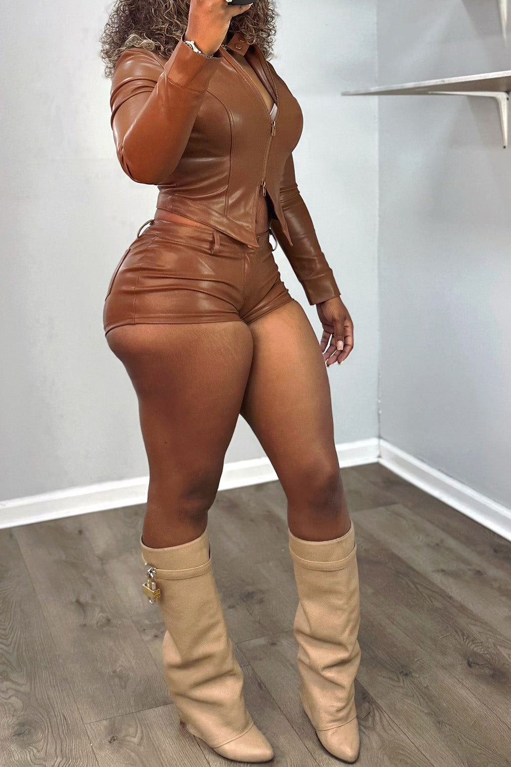 Leather Stand Collar Zip Jacket and Shorts Set Lavish Daily