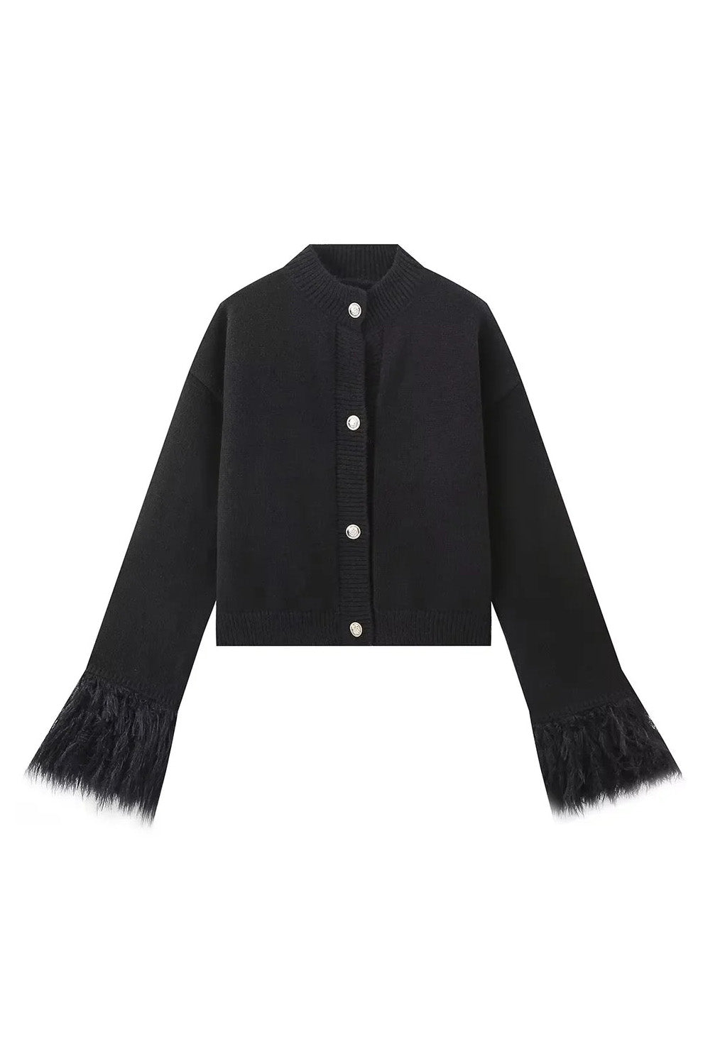 Faux Feather Cuff Button-Up Knit Cardigan Lavish Daily