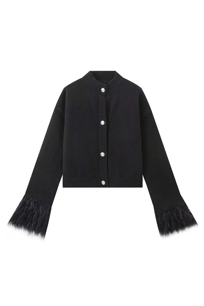 Faux Feather Cuff Button-Up Knit Cardigan Lavish Daily