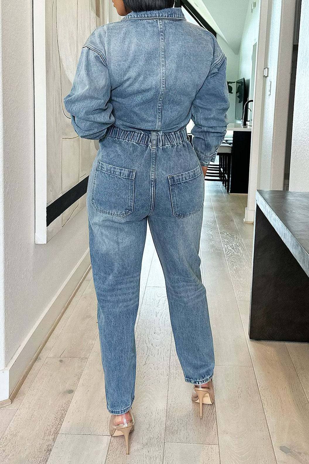 Long Sleeve Button Down Denim Utility Jumpsuit Lavish Daily