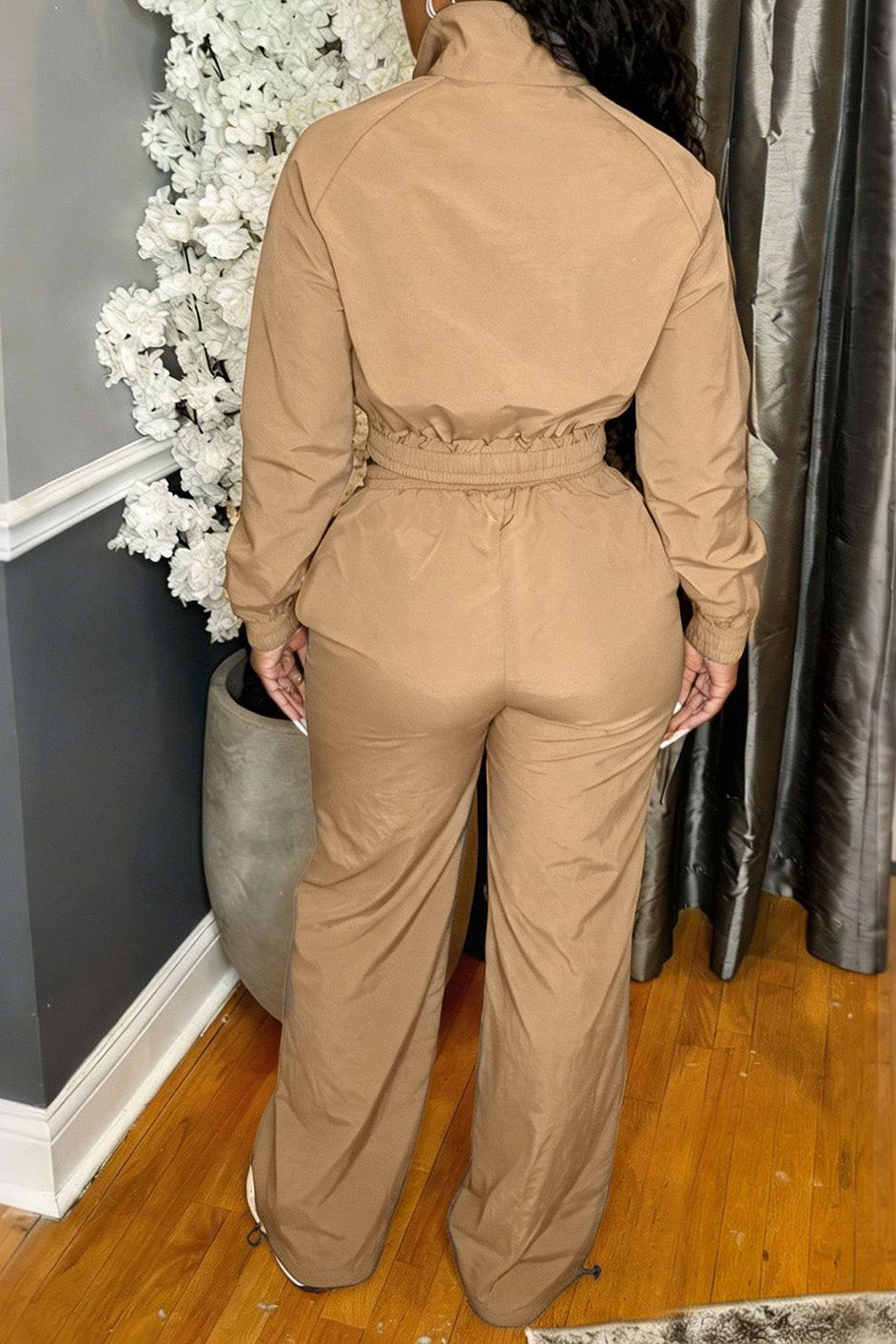 Zip-Front Piped Top & Wide-Leg Pants Set Lavish Daily