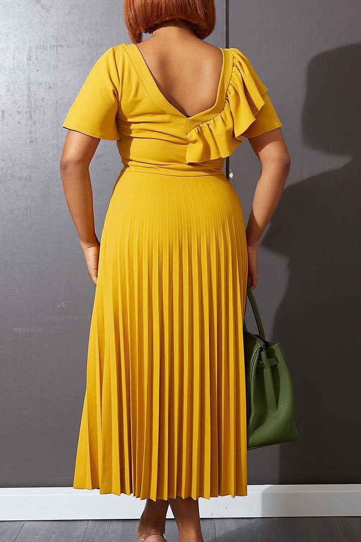 Pleated Flounce Sleeve Slim Fit Dress Lavish Daily