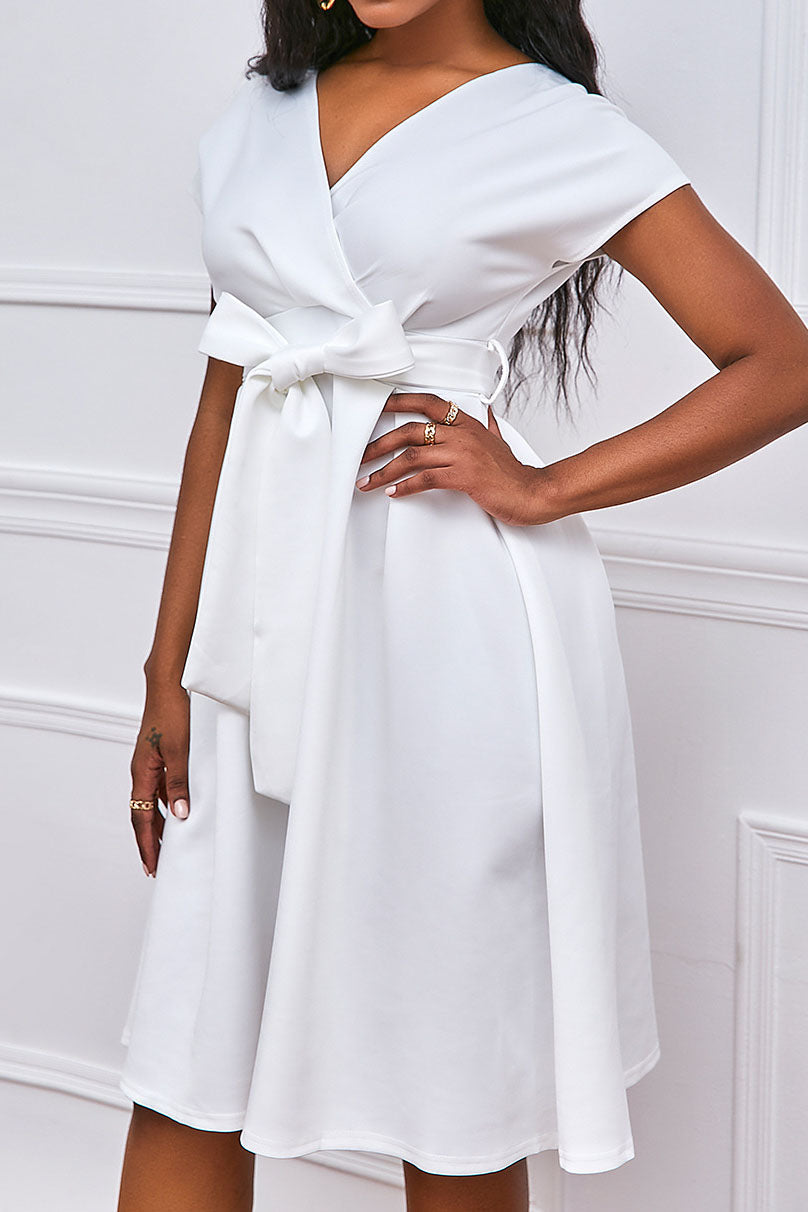 Solid Color Belted Bow Tie Waist Dress Lavish Daily