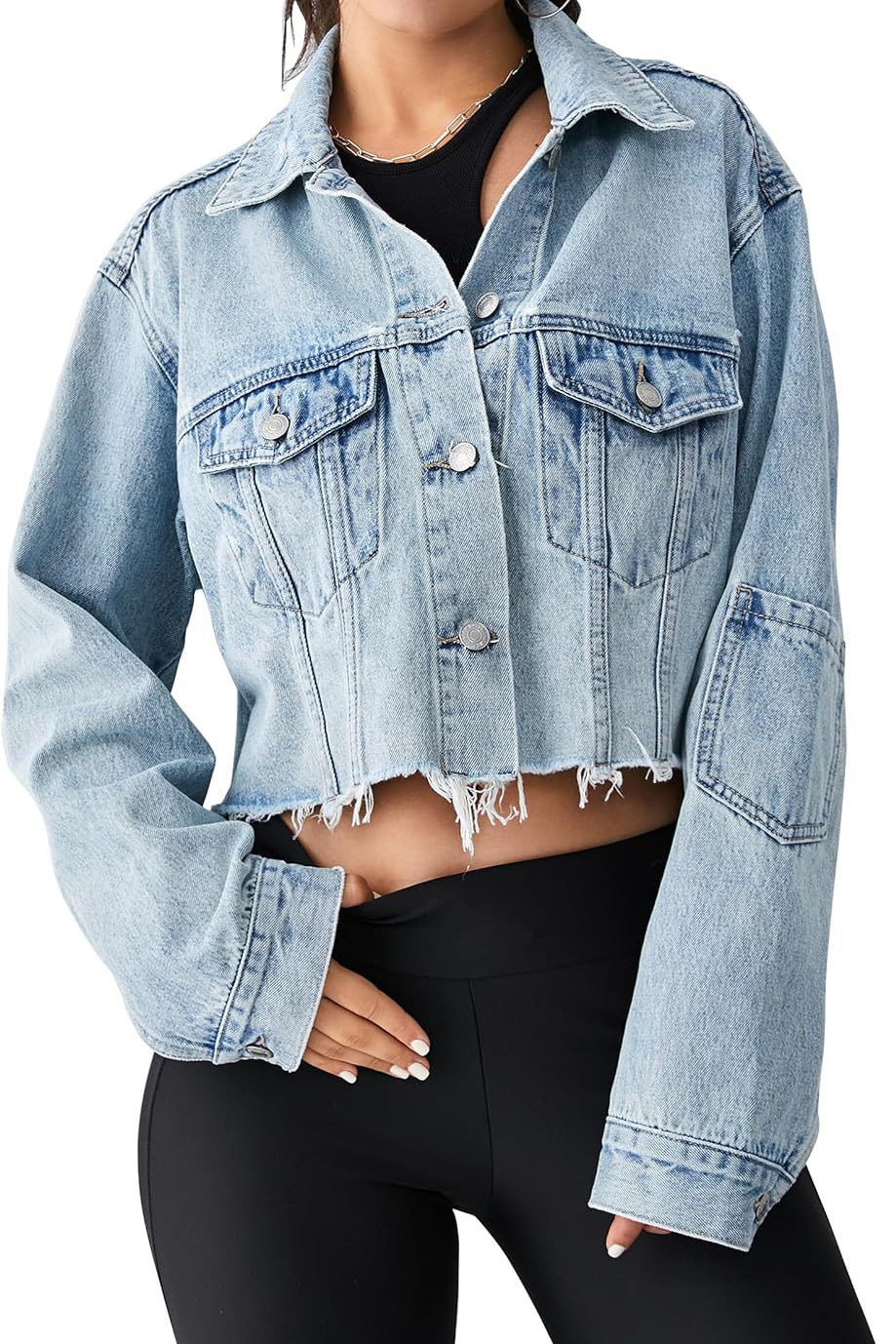 Long Sleeve Cropped Loose Denim Jacket Lavish Daily