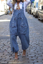 Denim Drawstring Wide Leg Overall Jumpsuit LavishDaily
