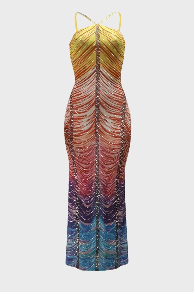 Rainbow Sleeveless Rhinestone Embellished Maxi Dress Lavish Daily