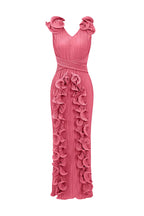 Ruffle 3D Floral V Neck Midi Dress LavishDaily