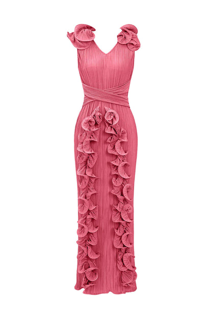 Ruffle 3D Floral V Neck Midi Dress Lavish Daily