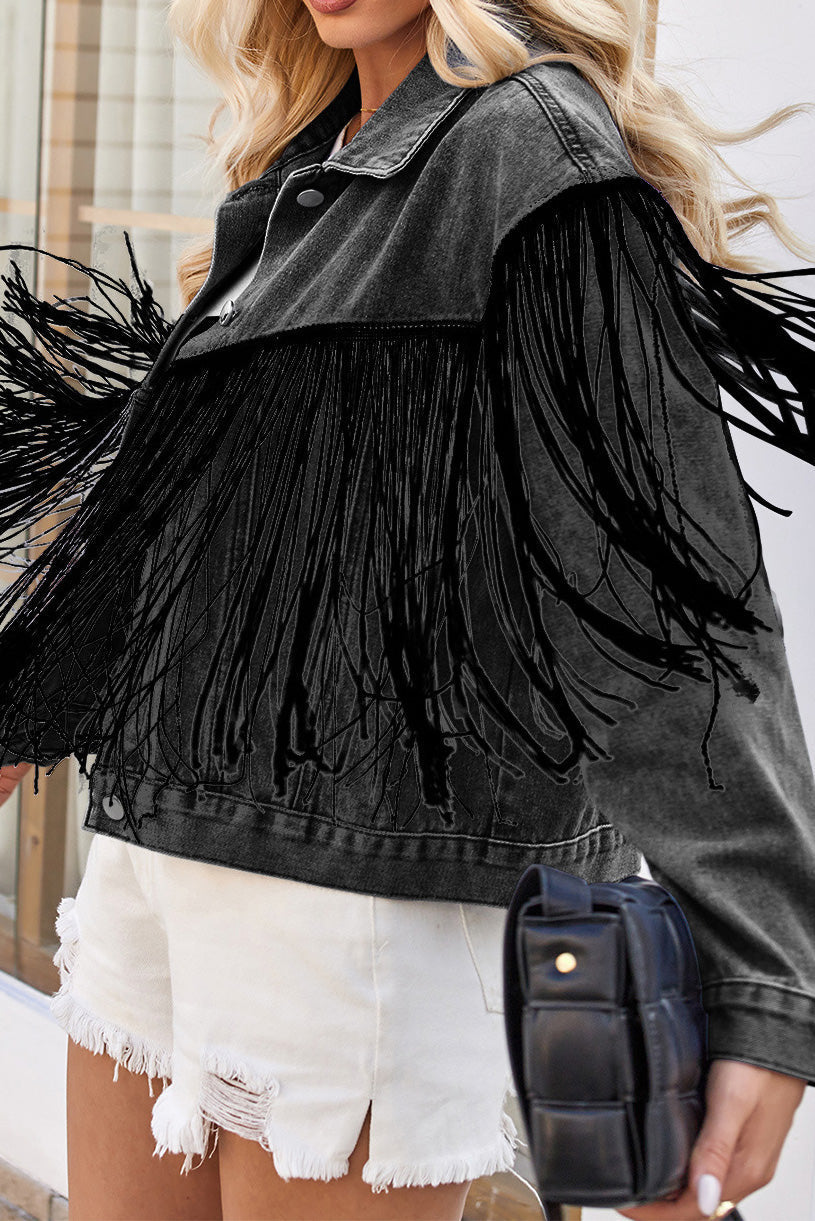 Washed Tassel Long Sleeve Denim Jacket Lavish Daily