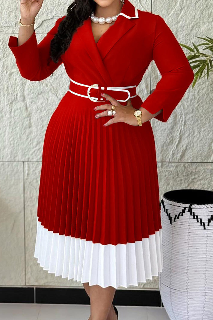 Elegant Lapel Belted Pleated Midi Dress Lavish Daily