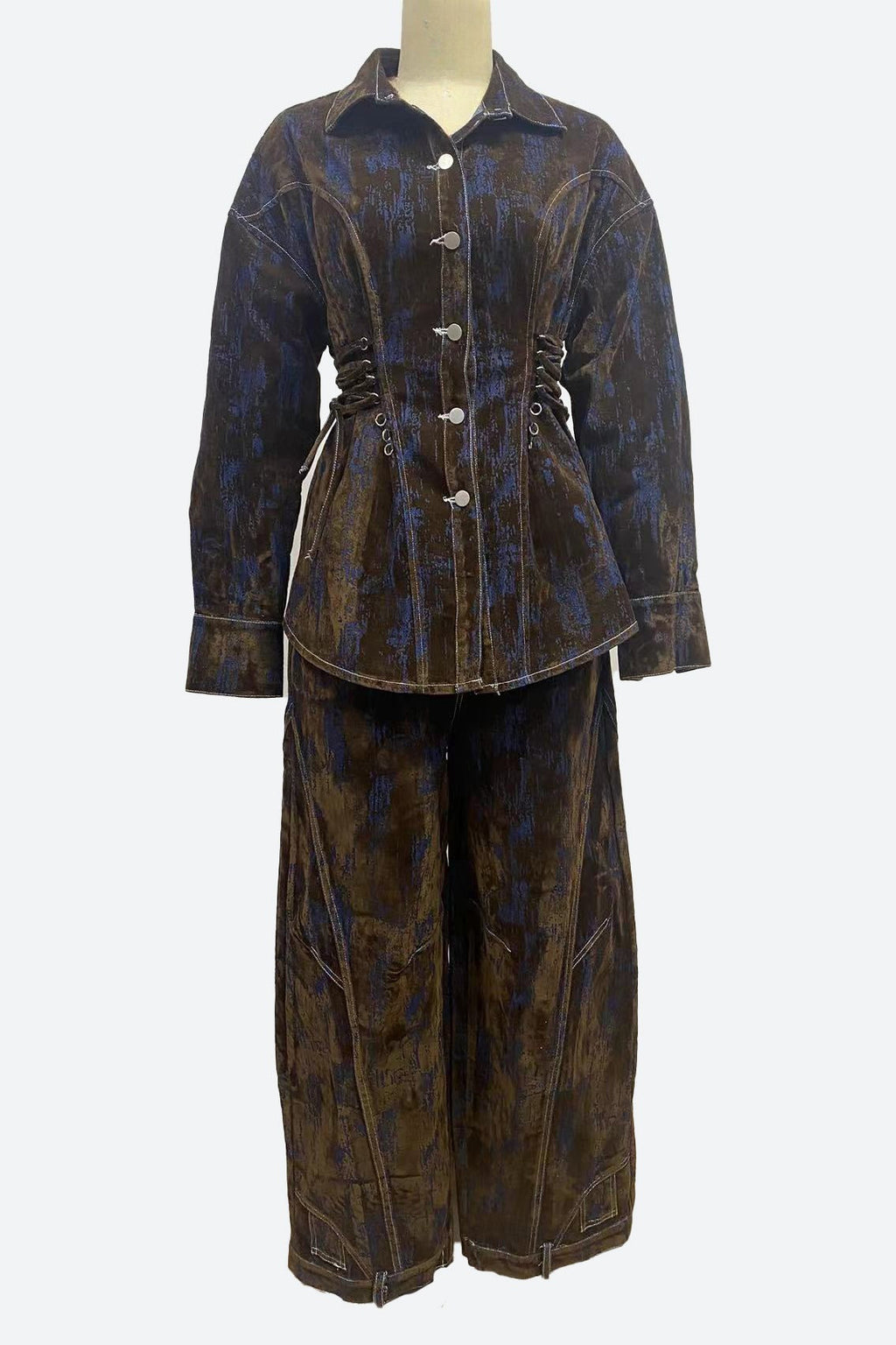 Printed Contrast Denim Jacket & Pants Set Lavish Daily