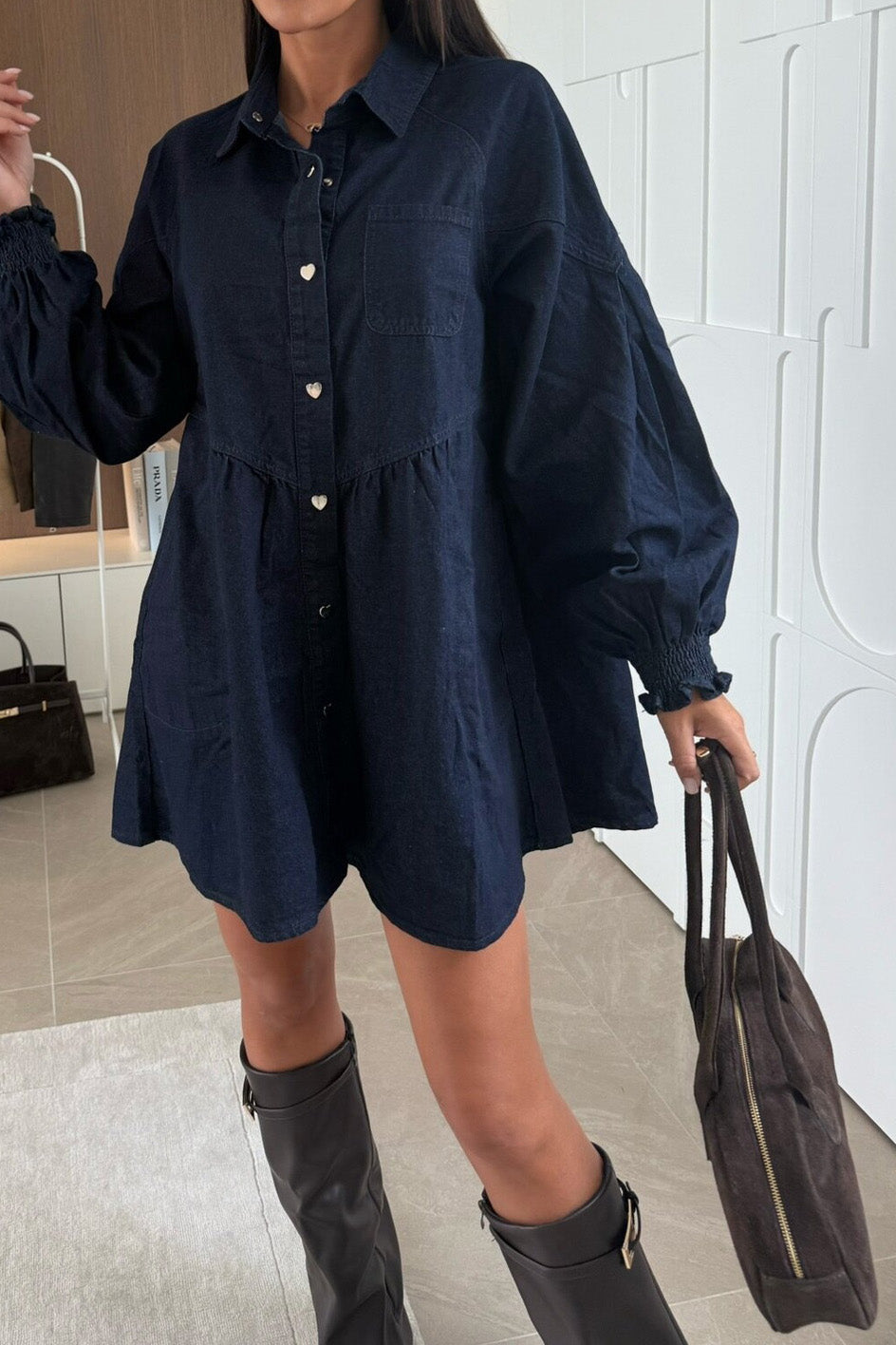 Heart Button Denim Babydoll Dress Lavish Daily