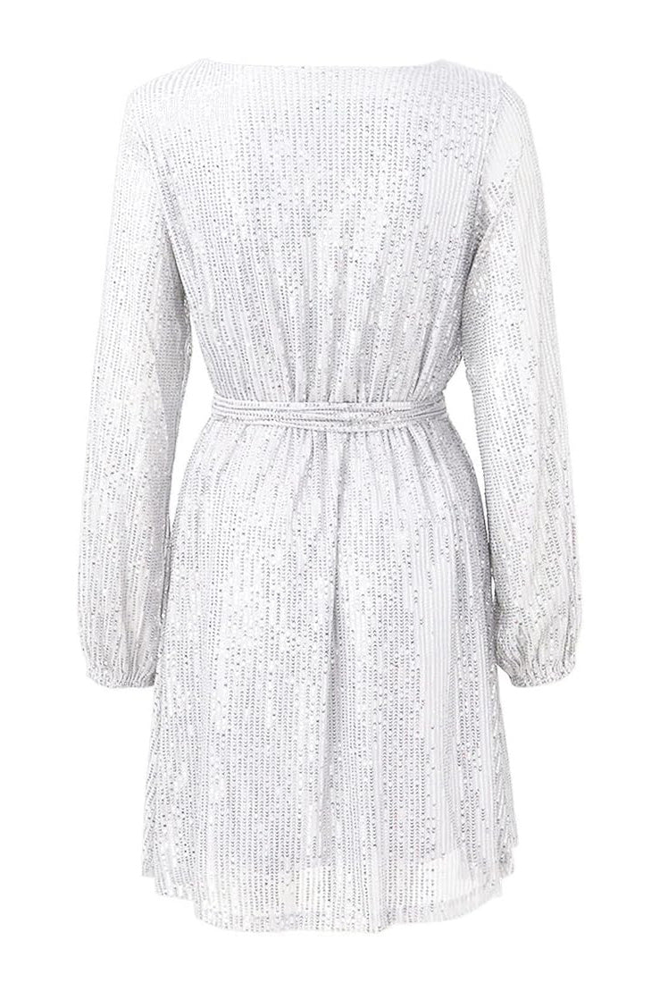 Sequin Tie Waist Long Sleeve Mini Dress Lavish Daily