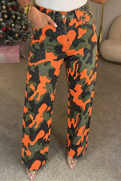 Rhinestone Camo Straight Leg Jeans Lavish Daily