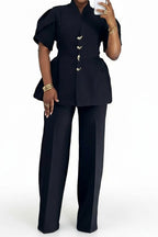 Elegant Puff Sleeve Button Two-Piece Set Lavish Daily