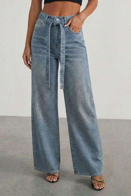 Rhinestone Sparkle Wide Leg Jeans High Waisted Lavish Daily