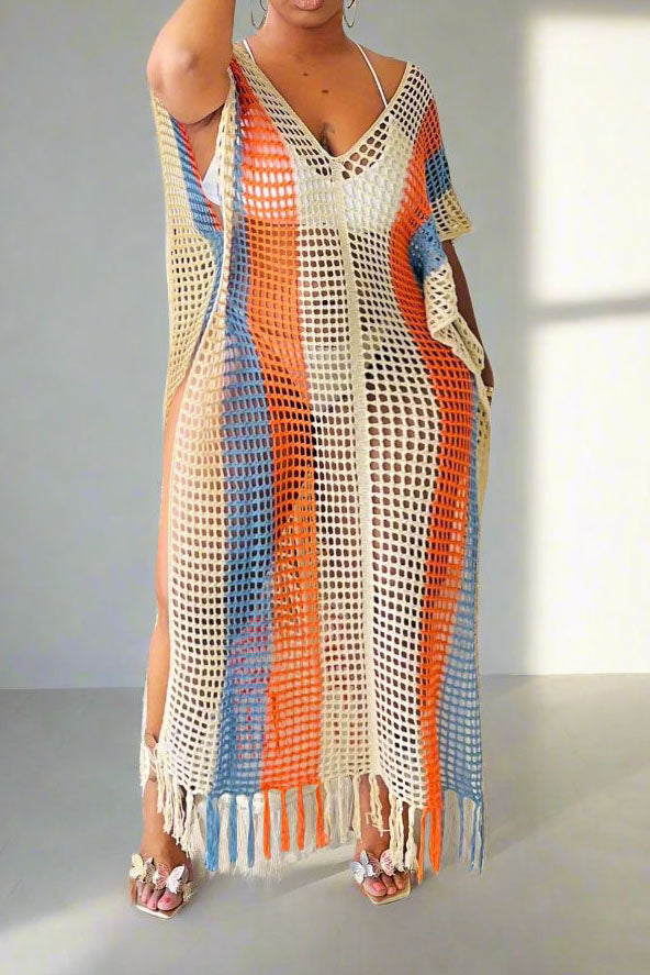 Colorblock V Neck Short Sleeve Split Cover Up Lavish Daily