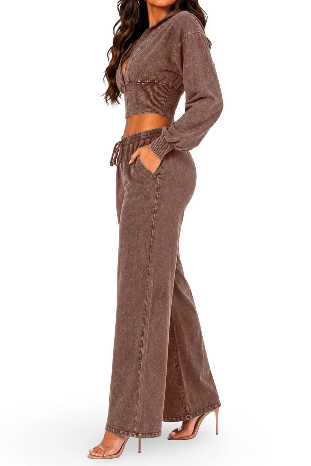 Washed Cropped Zip Jacket Wide Leg Pants Set Lavish Daily