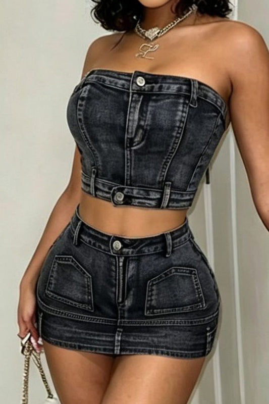 Denim Corset Top & Mini Skirt Set Lavish Daily