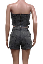 Denim Slit Elastic Shorts Set Lavish Daily