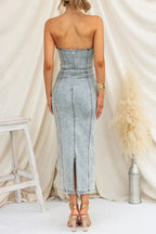 Vintage Mid Wash Denim Bandeau Midi Dress Lavish Daily