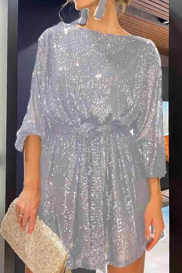Sequin Tie Waist Long Sleeve Mini Dress Lavish Daily