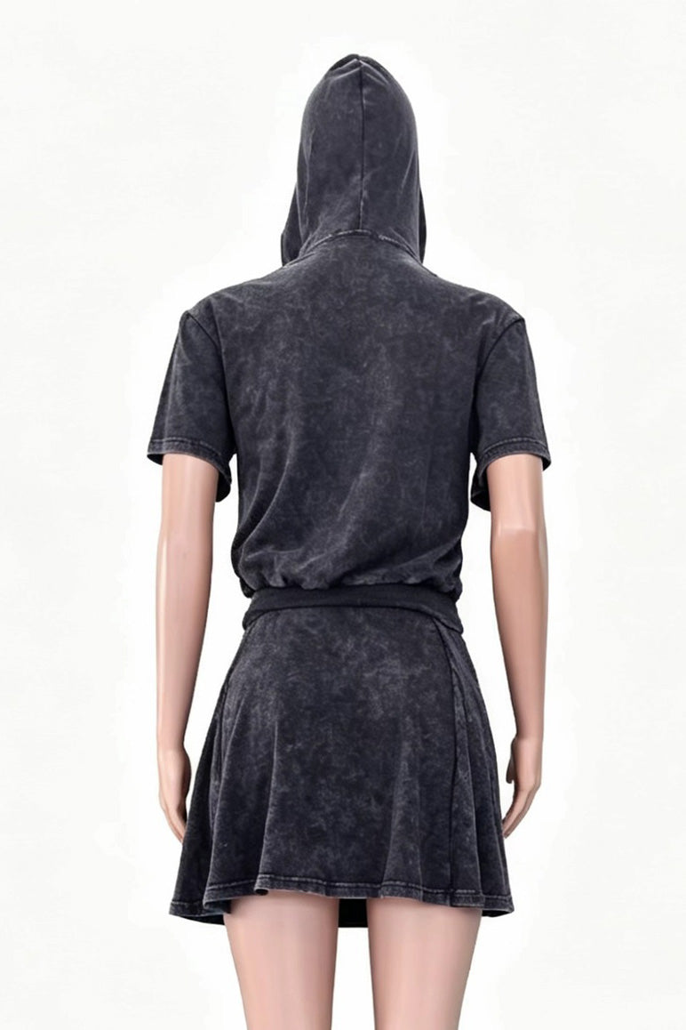 Mineral Wash Short Sleeve Hoodie & Skater Skirt Set Lavish Daily