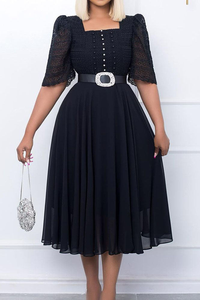 Square Neckline Lace Sleeve Midi Party Dress Lavish Daily