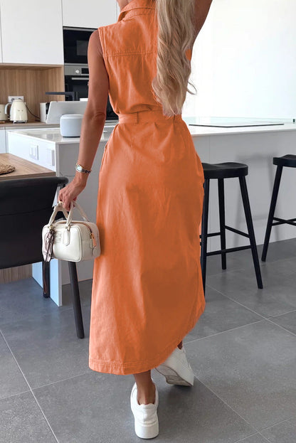 Sleeveless Belted Utility Maxi Shirt Dress Lavish Daily