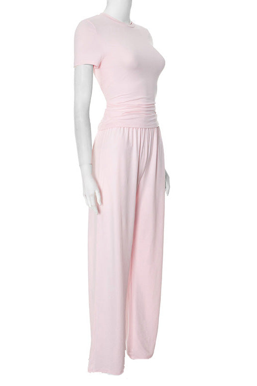 Casual Solid Round-Neck Short Sleeve Set Lavish Daily