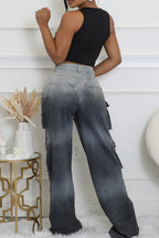 Casual Multi-Pocket Ombre Wide-Leg Jeans Lavish Daily