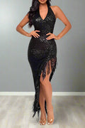 Halter Tassel Fringe Sequin Maxi Dress Lavish Daily