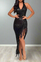 Halter Tassel Fringe Sequin Maxi Dress Lavish Daily