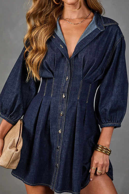 Puff-Sleeve Denim Mini Shirt Dress Lavish Daily