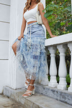 Floral Mesh Spliced Denim Midi Skirt Lavish Daily