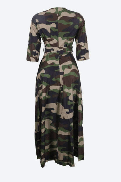 Print Crew Neck Half Sleeve Belted Dress Lavish Daily