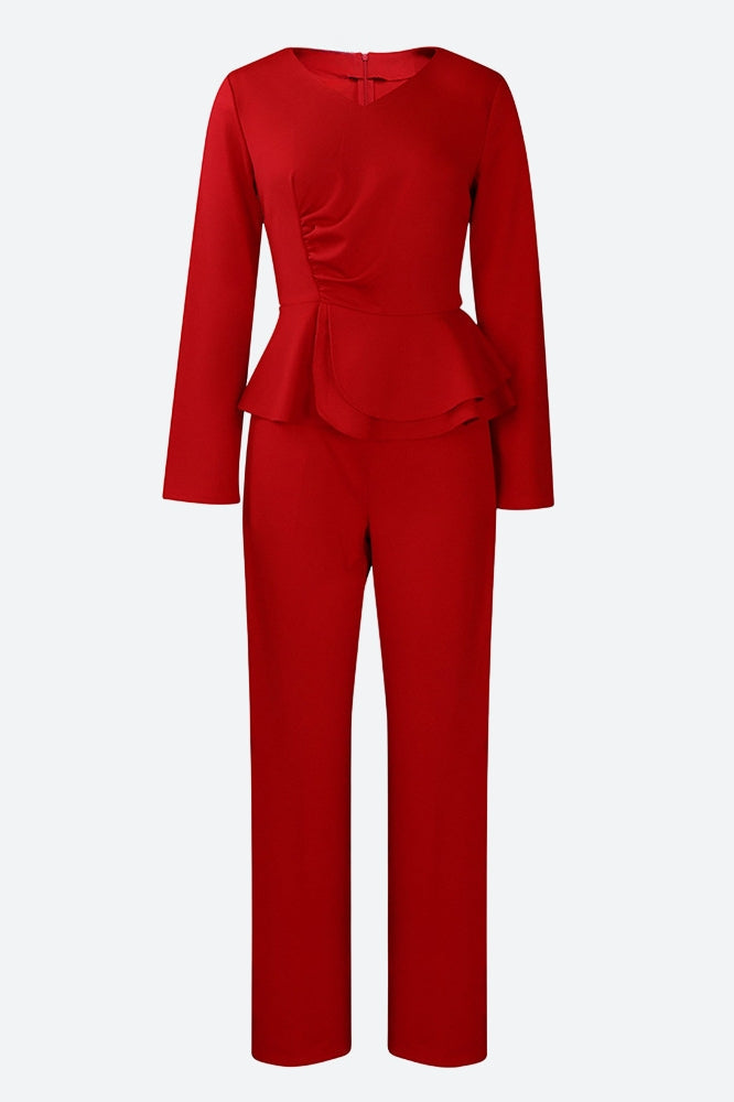 Solid Flounce V Neck Long Sleeve Sets Lavish Daily