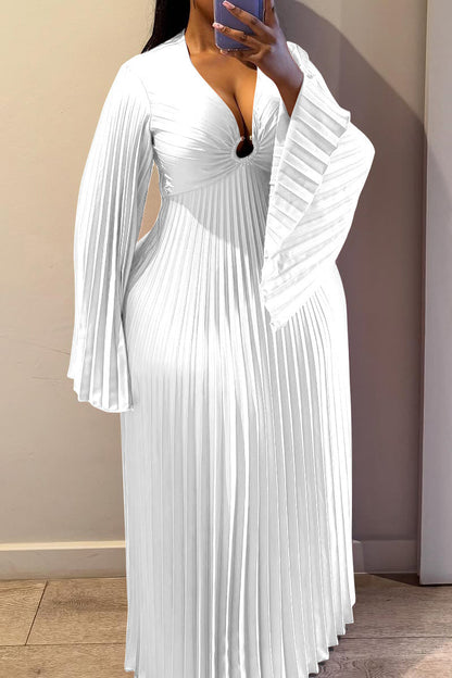 Plus Size V-Neck Pleated Flare Sleeve Maxi Dress Lavish Daily