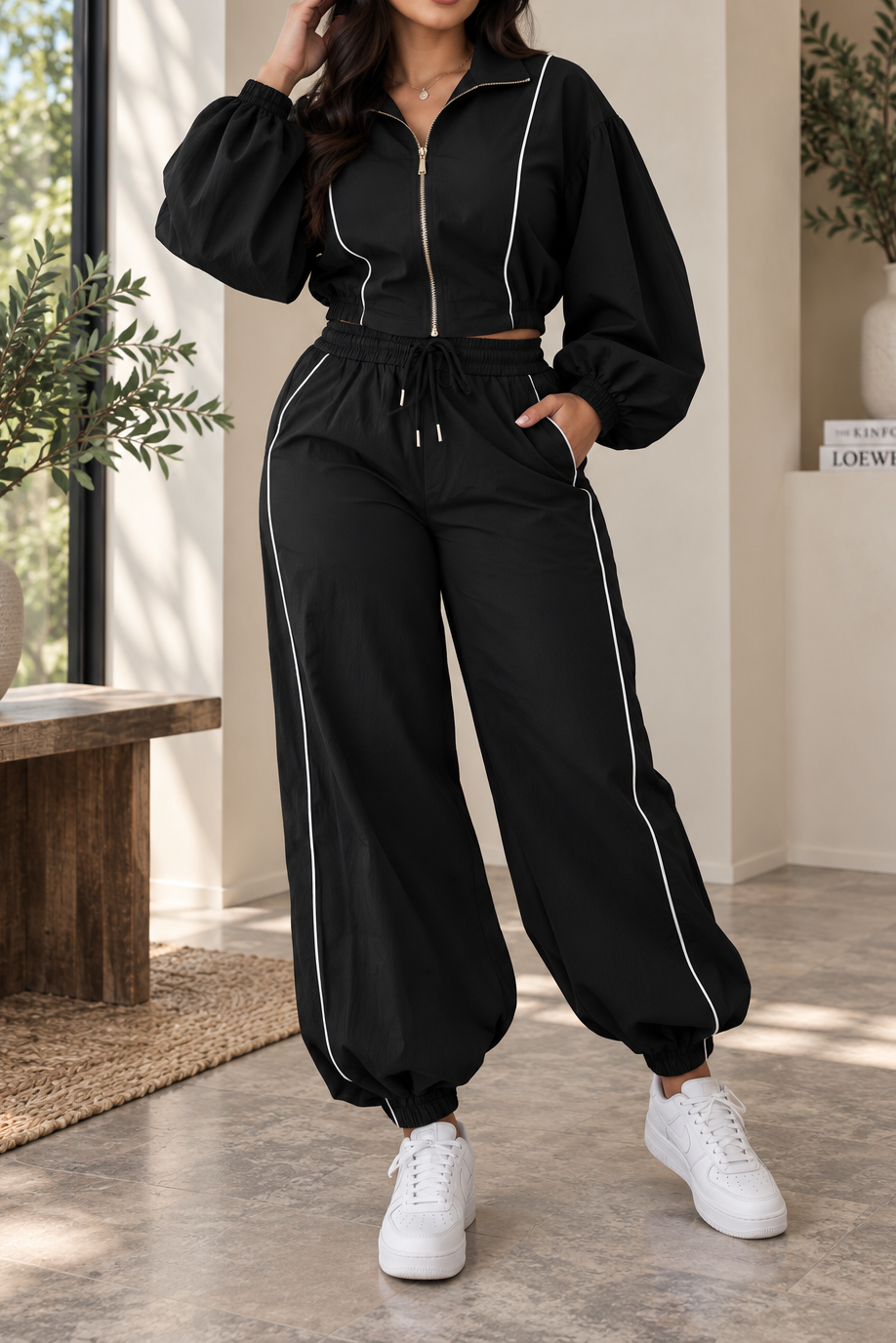 Piped Balloon Sleeve Tracksuit Set Lavish Daily